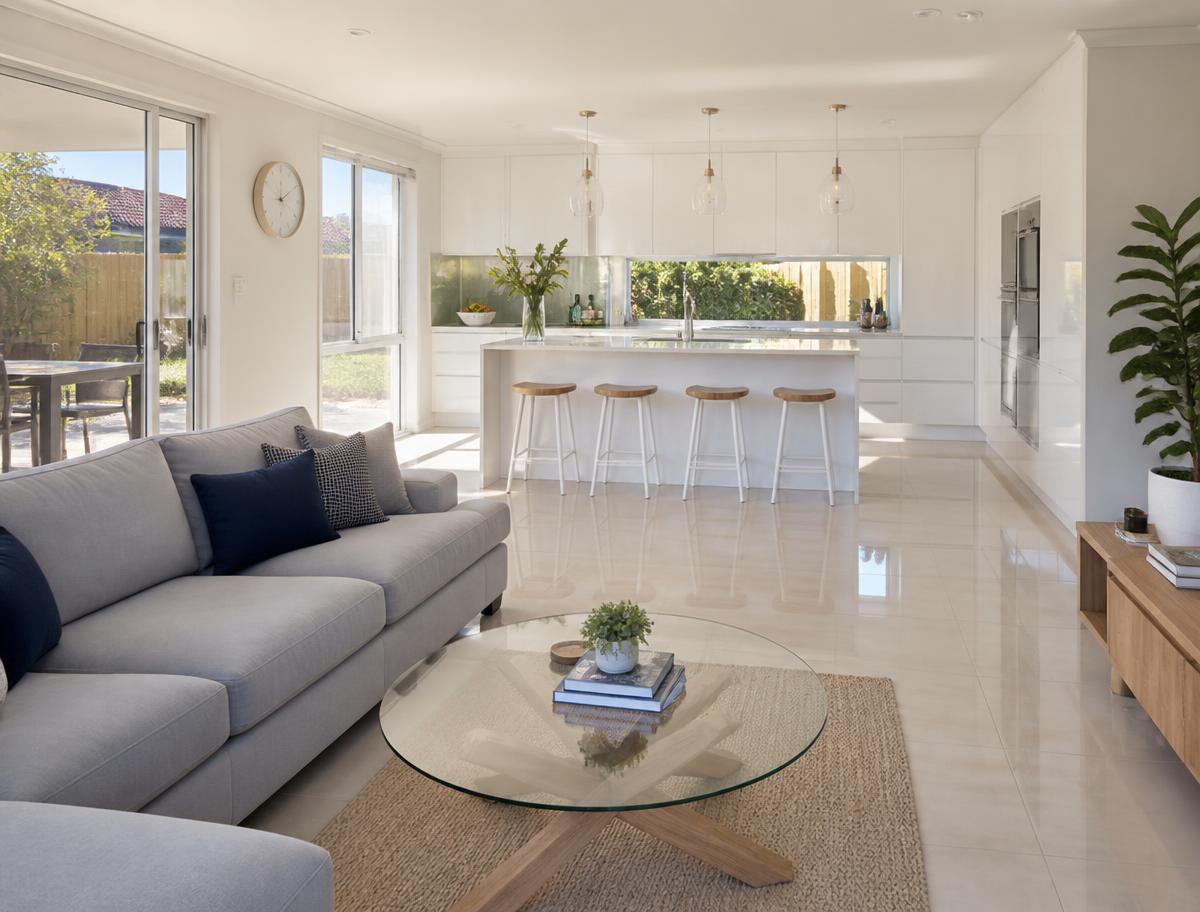 Sunlit spotless open plan living room and kitchen after a professional clean