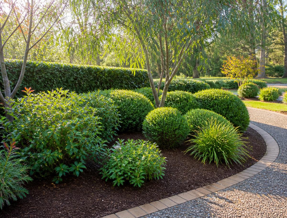 Freshly mulched garden bed with trimmed hedges and native shrubs