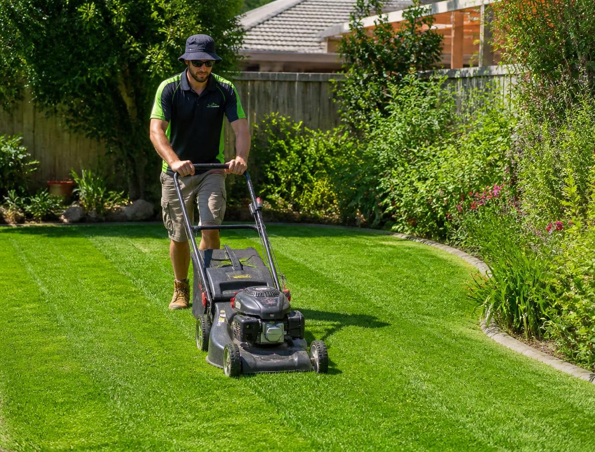 Gardener mowing a striped green suburban lawn on a sunny day