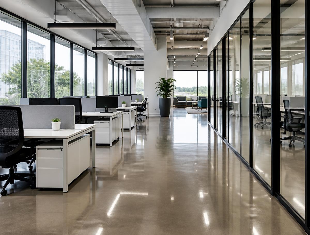 Clean modern open plan office with polished floors and tidy desks